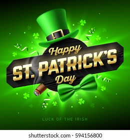 Happy St. Patrick's Day greeting card or poster. 17 March Saint Patricks Day celebration with leprechaun hat, gold lettering, party streamers, green bow tie and smouldering cigar. Luck of the Irish.