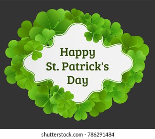 Happy St. Patrick's Day, greeting banner with clover leaves and a frame.