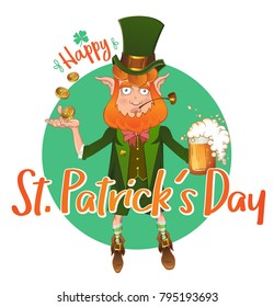 Happy St. Patrick's Day. Greeting card design. Vector illustration of red bearded man in traditional Irish style costume, with mug of beer, coins, shamrock, cylinder hat and pipe.