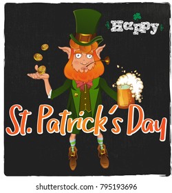 Happy St. Patrick's Day. Greeting card design. Vector illustration of red bearded man in traditional Irish style costume, with mug of beer, coins, shamrock, cylinder hat and pipe.