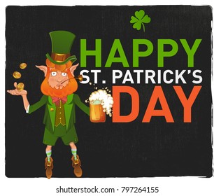 Happy St. Patrick's Day. Greeting card design. Vector illustration of red bearded man in traditional Irish style costume, with mug of beer, coins, shamrock, cylinder hat and pipe.