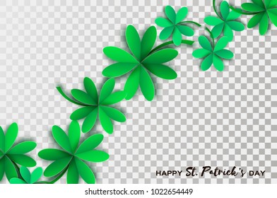 Happy St. Patricks Day Greetings Card. Four and Three Leaf Clover in paper cut style. Space for Text. Floral green background. Nature. Seasonal holidays