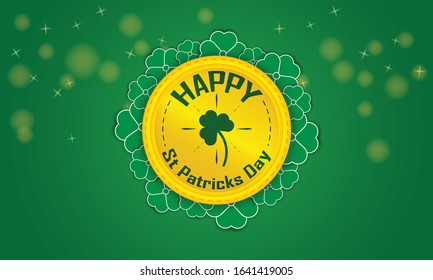 happy st patrick's day greetings card with clover shapes and gold coin. Illustration for banner template, background and wallpaper vector.