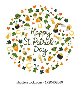 Happy St. Patrick's Day Greetings Card. Hand written phrase on round shape Pattern Background. Shamrock, leprechaun hat, pot. Flat Vector illustration. Design for Saint Patricks Day poster, banner.