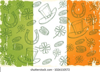 Happy St Patrick's day. Grunge background with hand drawn symbols in sketch style  Engraving objects. Irish Flag. Banner, flyer, brochure. background for holidays, postcards, websites