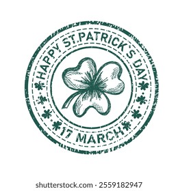 Happy St Patrick's day grunge retro rubber stamp with clover. Vector element