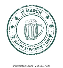 Happy St Patrick's day grunge retro rubber stamp with beer mug. Vector element