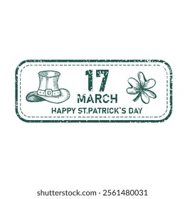 Happy St Patrick's day grunge retro rubber stamp with clover and leprechaun hat. Vector element