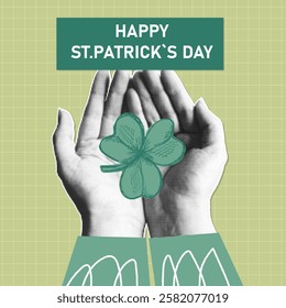 Happy st. patricks day halftone collage square banner. Contemporary art poster with hands holding clower leaf. Vector holiday pop art illustration