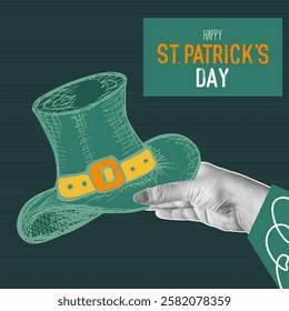 Happy st. patricks day halftone collage square banner. Contemporary art poster with hand holding leprechaun hat. Vector holiday pop art illustration