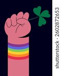 Happy St. Patrick's Day. Hand with LGBT rainbow bracelet holds clover leaf on black background. Flat vector illustration in cartoon style.