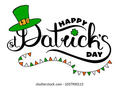 Happy St. Patricks Day hand drawn logo with tophat and lucky shamrock. Vector graphics editable illustration. Coloured line art freehand drawing.