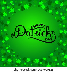 Happy St. Patricks Day hand drawn logo on a green clover background. Vector graphics editable illustration. Coloured line art freehand drawing.