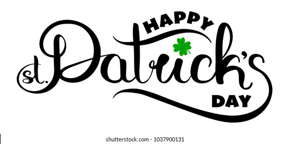 Happy St. Patricks Day hand drawn logo with four leaf clover. Vector graphics editable illustration. Line art freehand drawing.