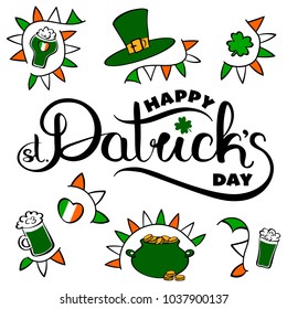 Happy St. Patricks Day hand drawn logo with traditional celebration symbols. Vector graphics editable illustration. Coloured line art freehand drawing.