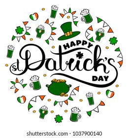 Happy St. Patricks Day hand drawn logo with traditional celebration symbols. Vector graphics editable illustration. Coloured line art freehand drawing.