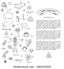 Happy St. Patrick's Day! Hand drawn doodle Ireland set Vector illustration Sketchy Irish traditional food icons elements Map Celtic Cross Knot Leprechaun Shamrock Harp Pot of gold