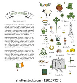 Happy St. Patrick's Day! Hand drawn doodle Ireland set Vector illustration Sketchy Irish traditional food icons elements Flag, Celtic Cross, Knot, Castle, Shamrock, Pot of gold, Sheep