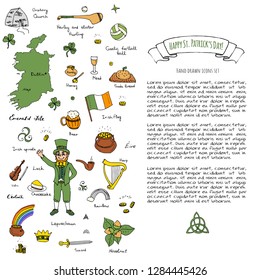 Happy St. Patrick's Day! Hand drawn doodle Ireland set Vector illustration Sketchy Irish traditional food icons elements Map Celtic Cross Knot Leprechaun Shamrock Harp Pot of gold