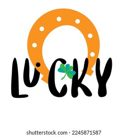 Happy St Patricks day, hand lettering, shamrock cloverleaf, leprechaun hat. Festive greeting card concept