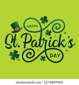 Happy St. Patricks Day hand lettering greeting card with clover leaves and  shamrock hat. Saint Patrick's Day poster, banner, sticker, label, tag, t shirt. Decorative calligraphy vector illustration.