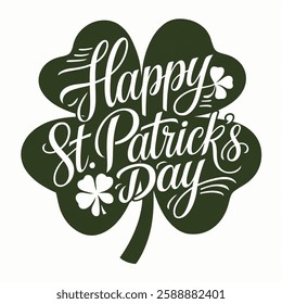 Happy St. Patrick's day. Hand lettering text with a four leaf clover isolated on white background. Vector typography for St. Patrick's day posters, greeting cards, banners, flyers.  illustration vecto