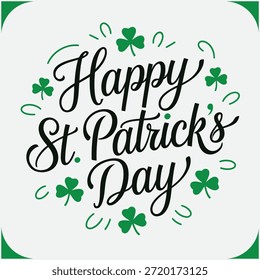 Letras de la mano del día de San Patricio con trébol verde y caligrafía Texto del guion, Ilustración vectorial