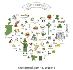 Happy St. Patrick's Day! Hand drawn doodle Ireland set Vector illustration Sketchy Irish traditional food icons elements Flag Map Celtic Cross Knot Castle Leprechaun Shamrock Harp Pot of gold