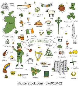 Happy St. Patrick's Day! Hand drawn doodle Ireland set Vector illustration Sketchy Irish traditional food icons elements Flag Map Celtic Cross Knot Castle Leprechaun Shamrock Harp Pot of gold