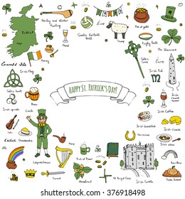 Happy St. Patrick's Day! Hand drawn doodle Ireland set Vector illustration Sketchy Irish traditional food icons elements Flag Map Celtic Cross Knot Castle Leprechaun Shamrock Harp Pot of gold