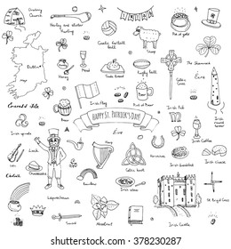 Happy St. Patrick's Day! Hand drawn doodle Ireland set Vector illustration Sketchy Irish traditional food icons elements Flag Map Celtic Cross Knot Castle Leprechaun Shamrock Harp Pot of gold