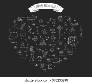 Happy St. Patrick's Day! Hand drawn doodle Ireland set Vector illustration Sketchy Irish traditional food icons elements Flag Map Celtic Cross Knot Castle Leprechaun Shamrock Harp Pot of gold