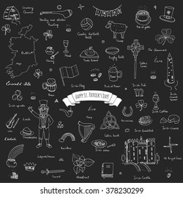 Happy St. Patrick's Day! Hand drawn doodle Ireland set Vector illustration Sketchy Irish traditional food icons elements Flag Map Celtic Cross Knot Castle Leprechaun Shamrock Harp Pot of gold
