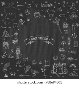 Happy St. Patrick's Day! Hand drawn doodle Ireland set Vector illustration Sketchy Irish traditional food icons elements Flag Map Celtic Cross Knot Castle Leprechaun Shamrock Harp Pot of gold