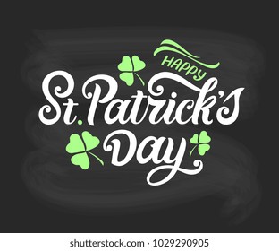  Happy St. Patrick's Day handwritten lettering with shamrock leaves. St. Patrick's Day typography vector design for greeting cards and poster. Design template celebration. Vector illustration.