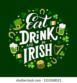 Happy St. Patrick's Day handwritten lettering quote for postcards, banners, invitation, posters, t-shirts. Vector illustration EPS 10.