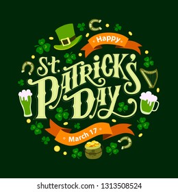 Happy St. Patrick's Day handwritten lettering quote for postcards, banners, invitation, posters, t-shirts. Vector illustration EPS 10.