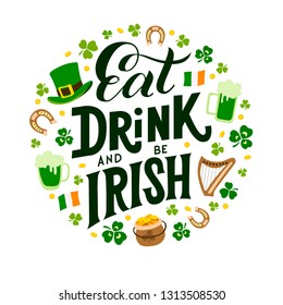 Happy St. Patrick's Day handwritten lettering quote for postcards, banners, invitation, posters, t-shirts. Vector illustration EPS 10.