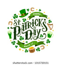 
Happy St. Patrick's Day handwritten lettering quote for postcards, banners, invitation, posters, t-shirts. Vector illustration EPS 10.