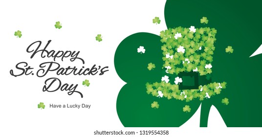 Happy St Patrick's Day handwritten calligraphy irish green white clovers hat emblem greeting card