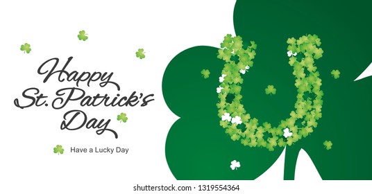 Happy St Patrick's Day handwritten calligraphy irish green white clovers horseshoe emblem greeting card