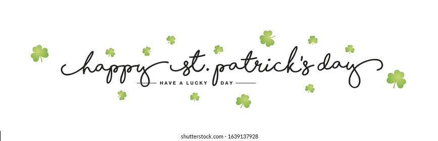 Happy St Patrick's Day handwritten typography lettering line design green clovers white background banner