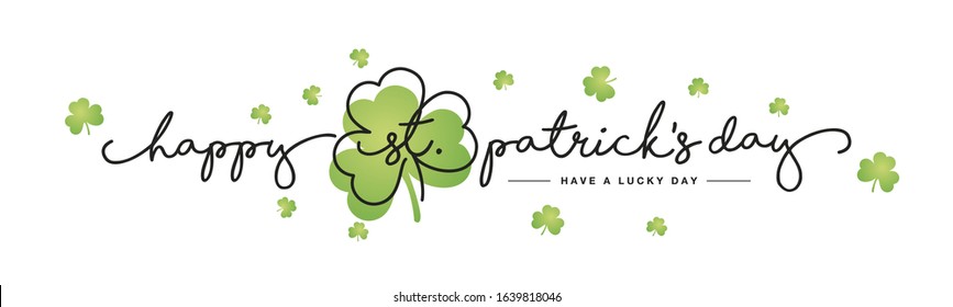 Happy St Patrick's Day handwritten typography lettering line design clover green clovers Saint Patrick holiday isolated white background banner