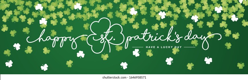 Happy St Patrick's Day handwritten typography lettering line design with falling clovers green background banner