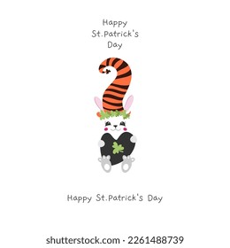 Happy St Patrick's Day handwritten typography lettering line design clover green clovers Saint Patrick holiday isolated banner. Hare holding a heart with a clover leaf. Vector illustration.