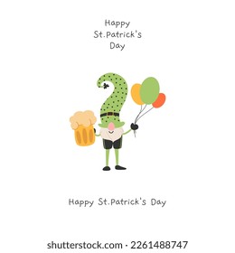 Happy St Patrick's Day handwritten typography lettering line design clover green clovers Saint Patrick holiday isolated banner. Gnome with a glass of beer. Vector illustration.