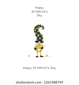 Happy St Patrick's Day handwritten typography lettering line design clover green clovers Saint Patrick holiday isolated banner. Dwarf holding a horseshoe for good luck. Vector illustration.