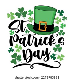 Happy St. patrick's Day - handwritten greeting with clover leaf and green hat. Isolated on black background. Good for greeting card, poster, banner, label, and other decoration.