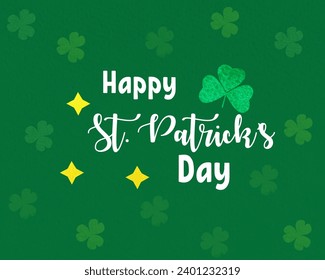 Happy St Patrick's Day handwritten typography lettering design banner. Watercolor green clover Saint Patrick holiday background 