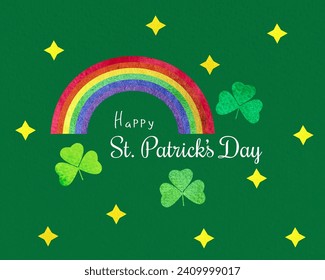 Happy St Patrick's Day handwritten typography lettering design banner. Watercolor green clover Saint Patrick holiday background 